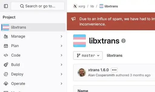 A GitLab repo under xorg/lib named "libxtrans" with an icon showing the blue, pink and white striped trans flag