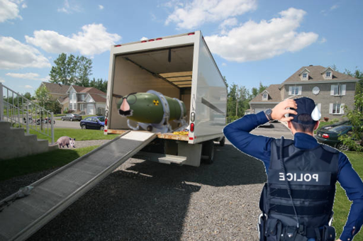 A nuclear warhead with a mustache, inside of a truck. A police cop is standing to the right scratching his head with a sweat drop running down the back of his head. There's also an opossum hidden in the image :3