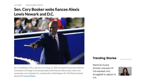 UPI.com headline: Sen. Cory Booker webs fiancee Alexis Lewis Newark and D.C.