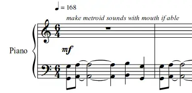 Piano sheet music containing the instruction “make metroid sounds with mouth if able”