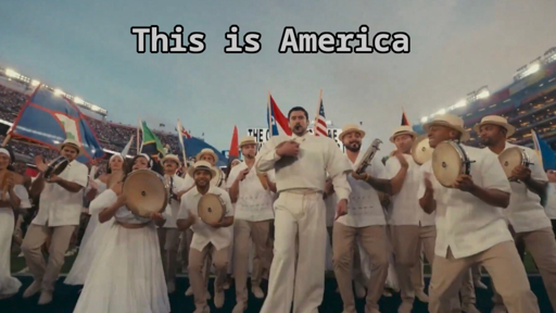 image shows the ending of the Bad Bunny Superbowl Halftime show where he leads a parade of people carrying flags of all the nations of the Americas. Text on the image: "This is America"